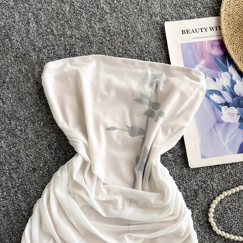 Off-shoulder Pleated Mesh Tank Top