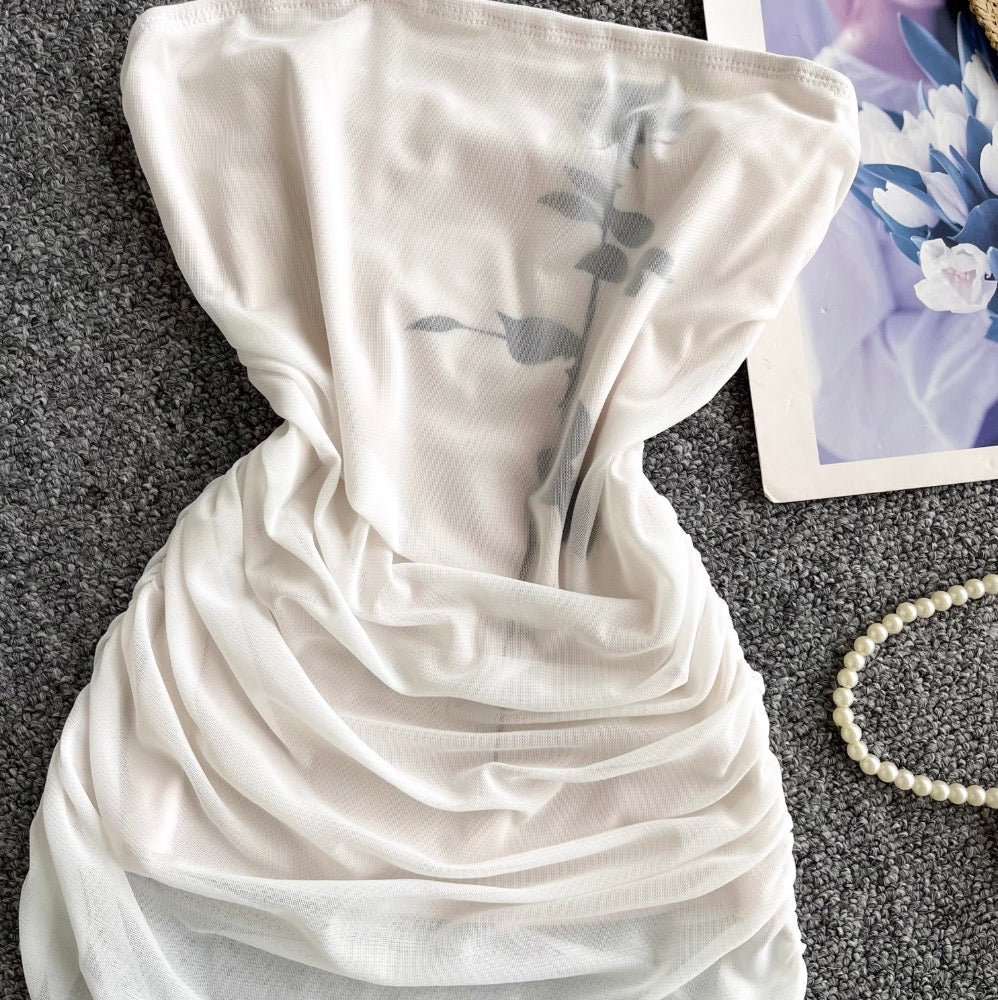 Off-shoulder Pleated Mesh Tank Top