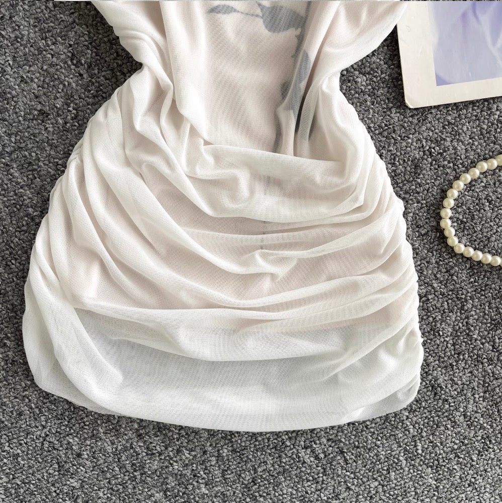 Off-shoulder Pleated Mesh Tank Top