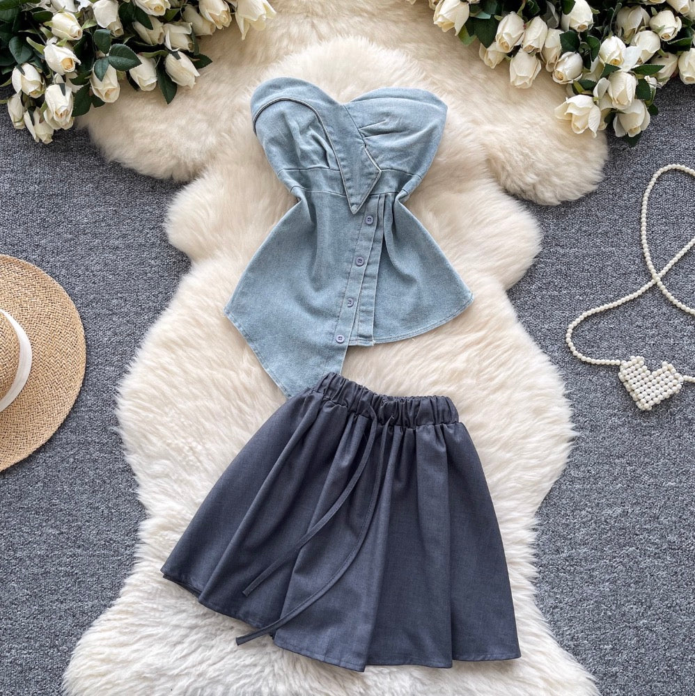 Asymmetric Top & Pleated Skirt Denim 2Pcs