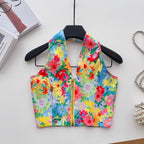 Deep V-neck Colorful Printed Halter Top