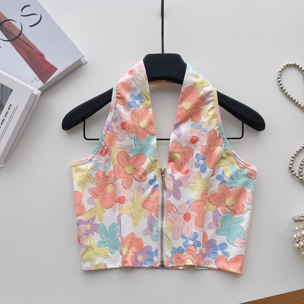 Deep V-neck Colorful Printed Halter Top