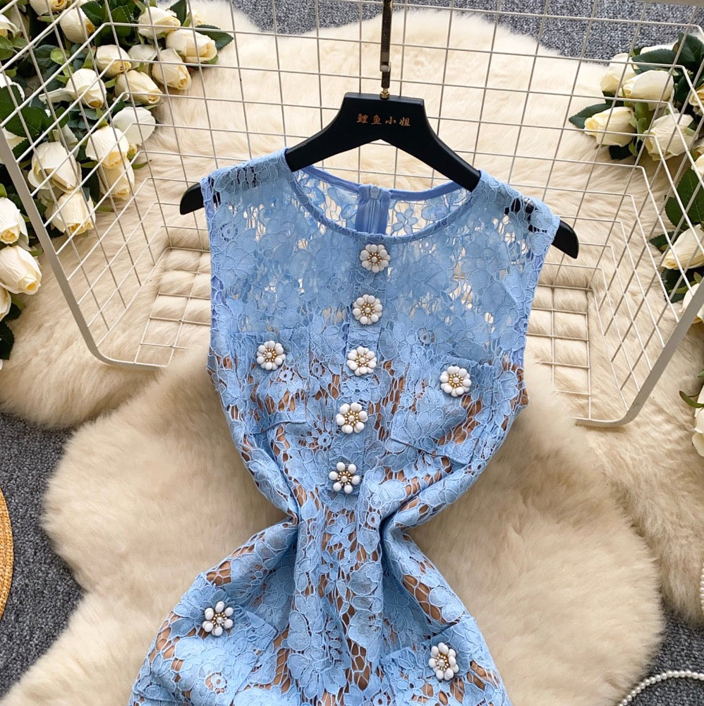 High-end Embroidered Blue Lace Dress