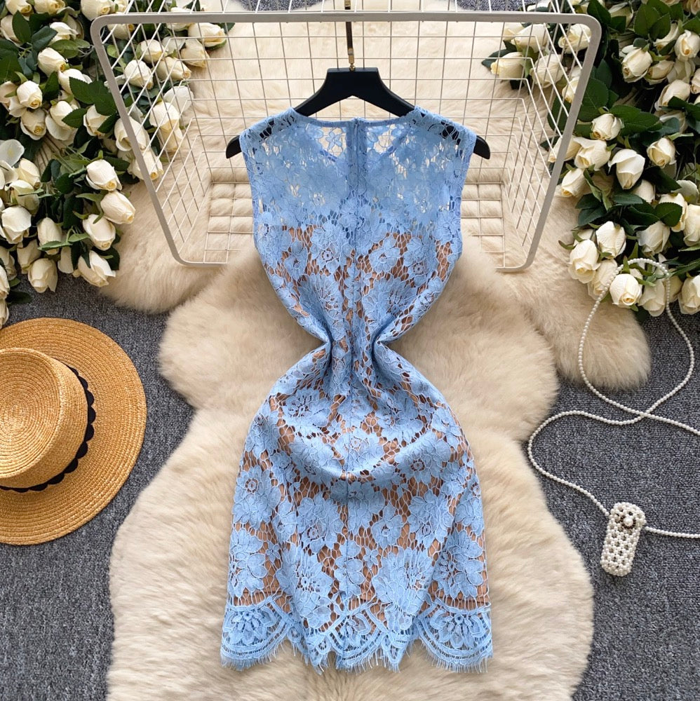 High-end Embroidered Blue Lace Dress