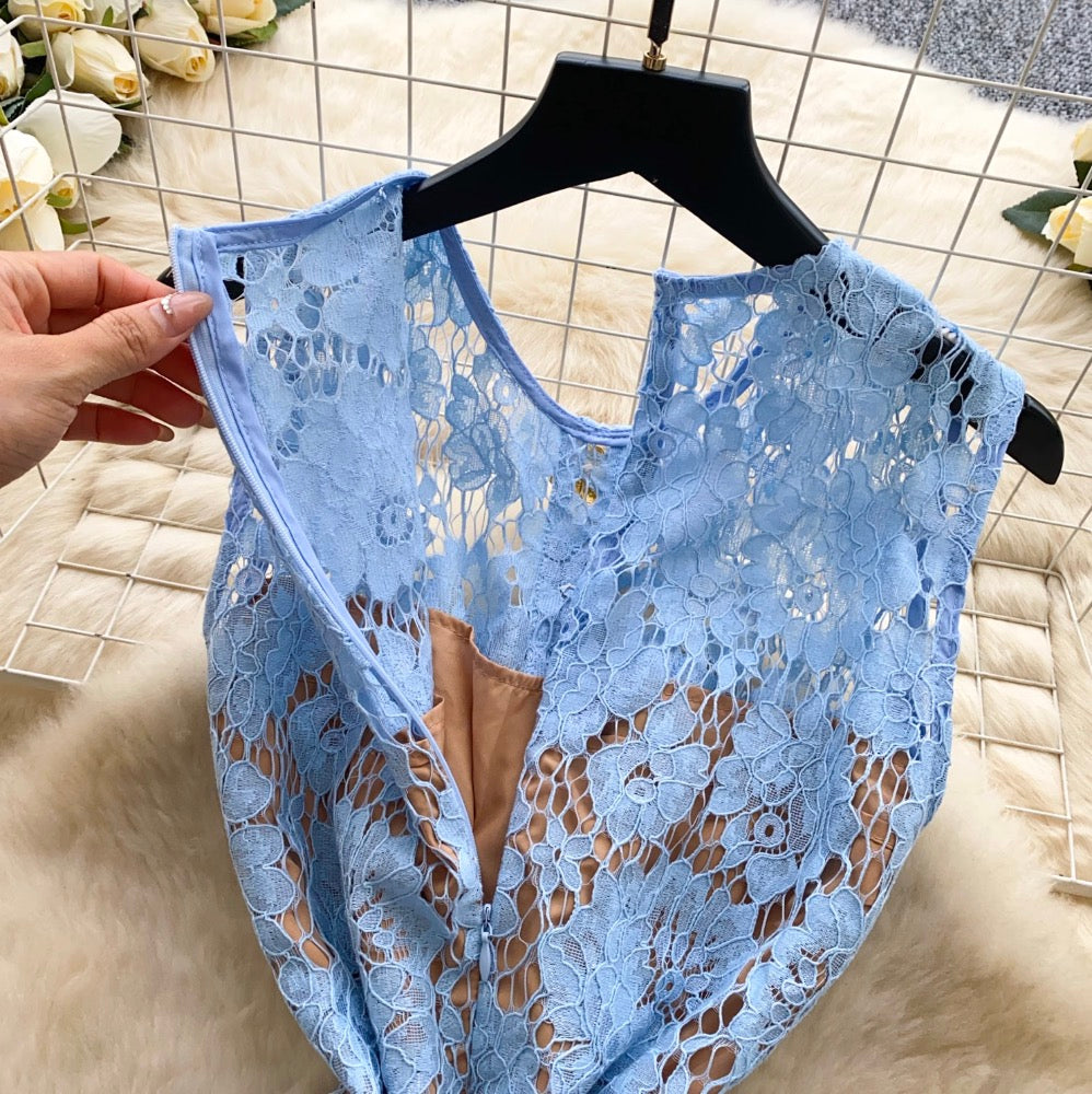 High-end Embroidered Blue Lace Dress