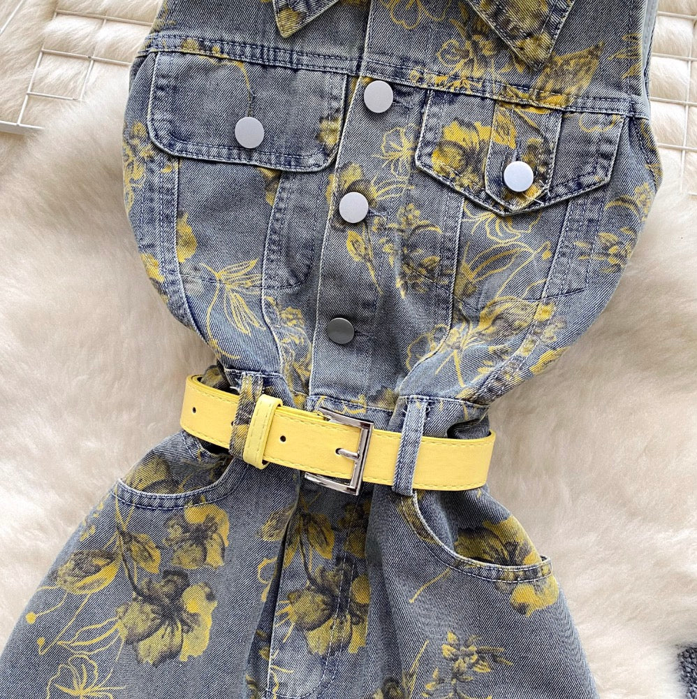Lapeled Floral Printed Denim Dress