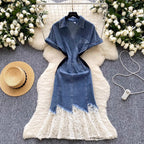 Mesh Pendulum Denim Patchwork Dress