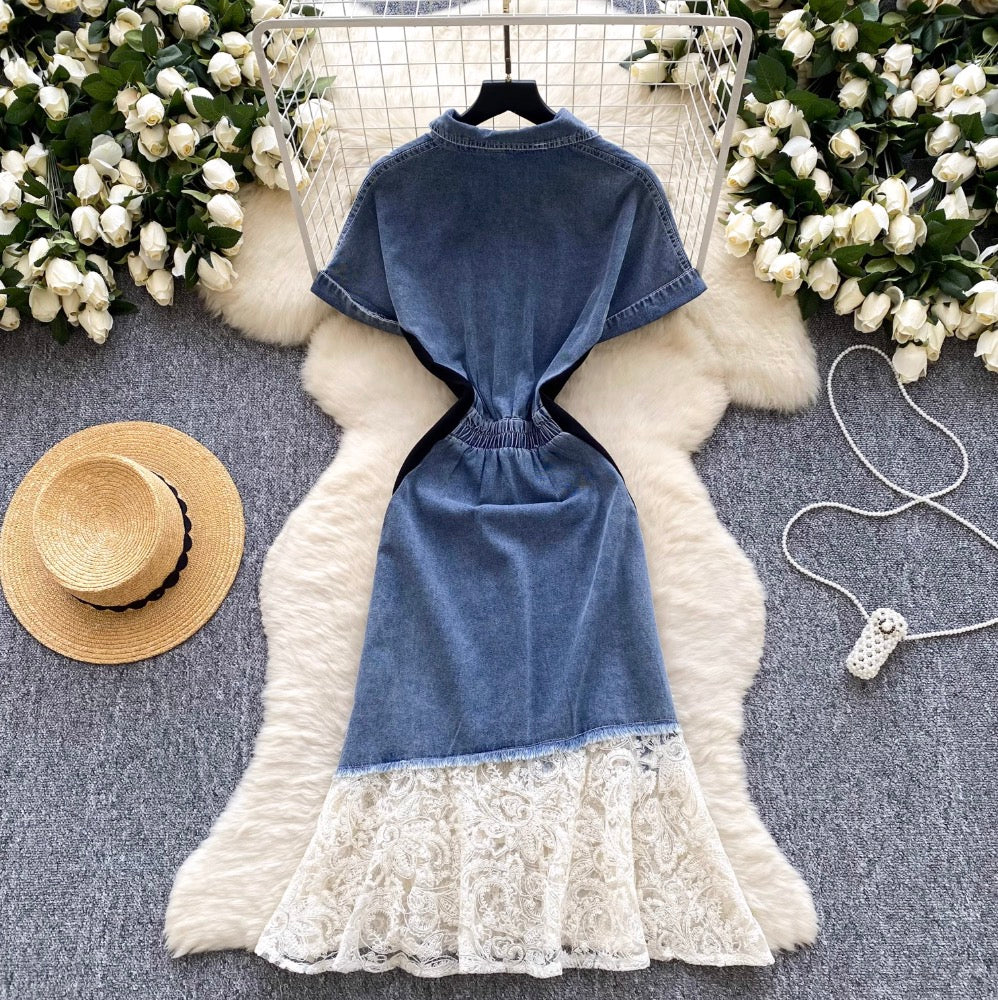 Mesh Pendulum Denim Patchwork Dress