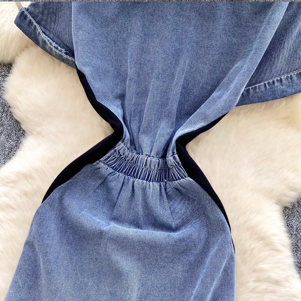 Mesh Pendulum Denim Patchwork Dress