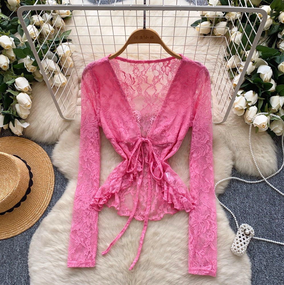 V-neck Embroidery Crochet Mesh Top