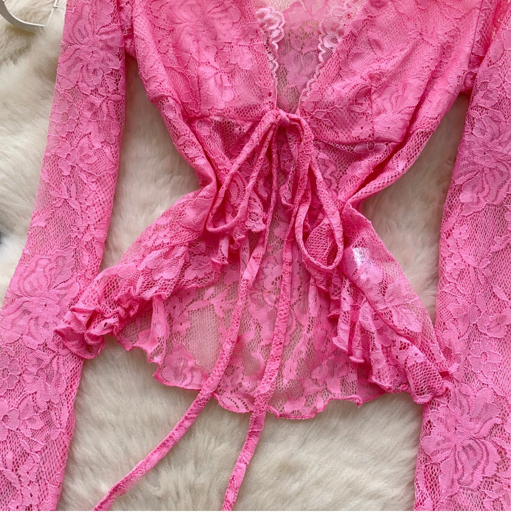 V-neck Embroidery Crochet Mesh Top