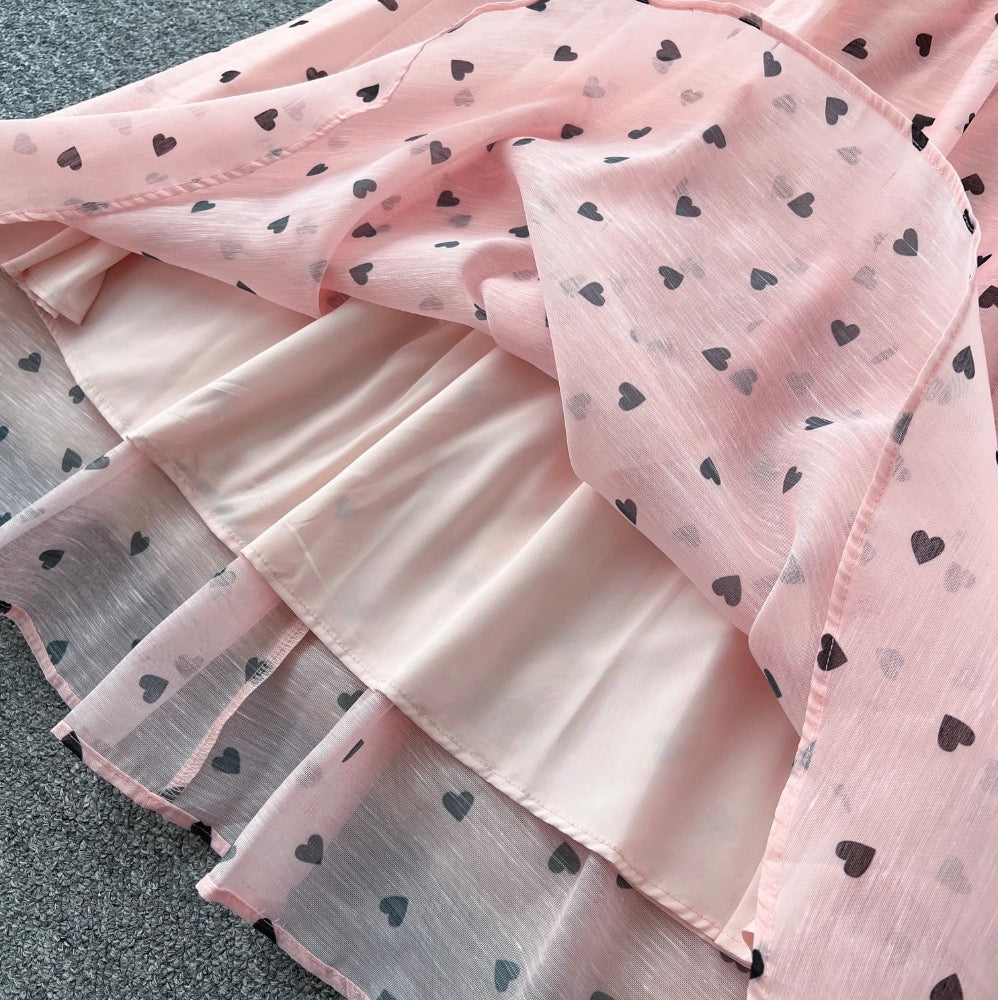 Heart Pattern Printed Ruffled Dress
