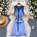 Color-blocking Denim Patchwork Knitted Dress