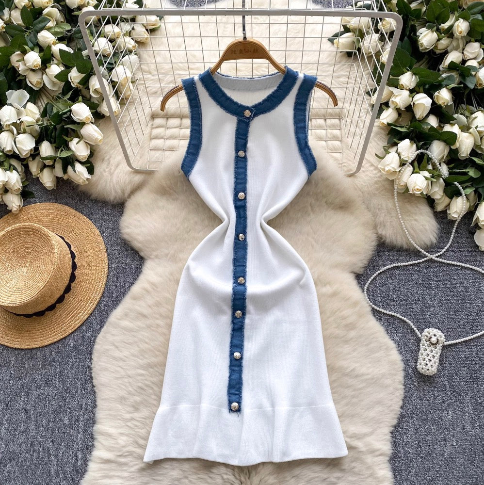 Color-blocking Denim Patchwork Knitted Dress
