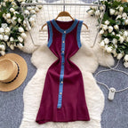 Color-blocking Denim Patchwork Knitted Dress