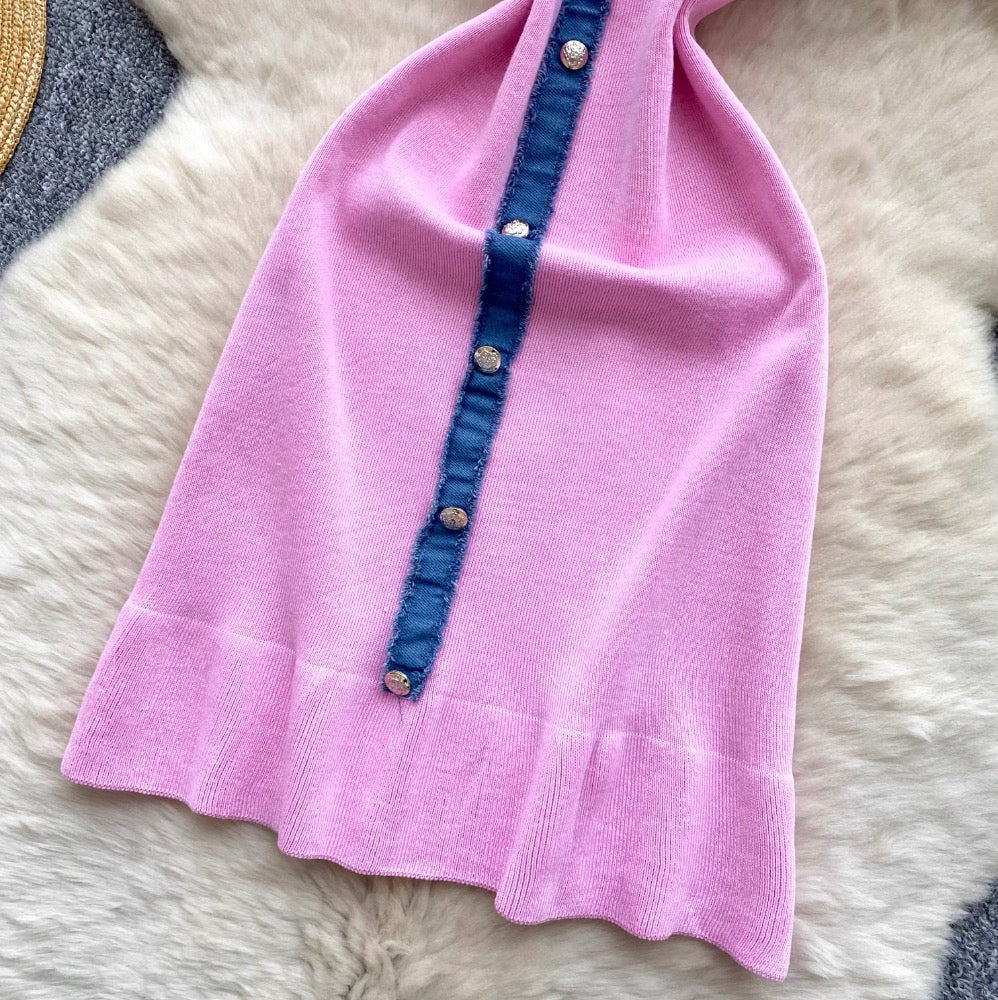 Color-blocking Denim Patchwork Knitted Dress