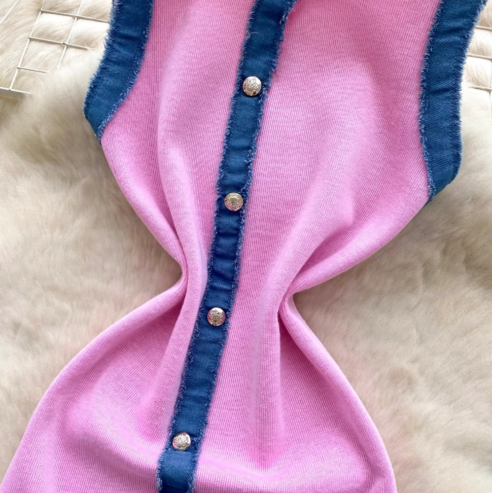 Color-blocking Denim Patchwork Knitted Dress