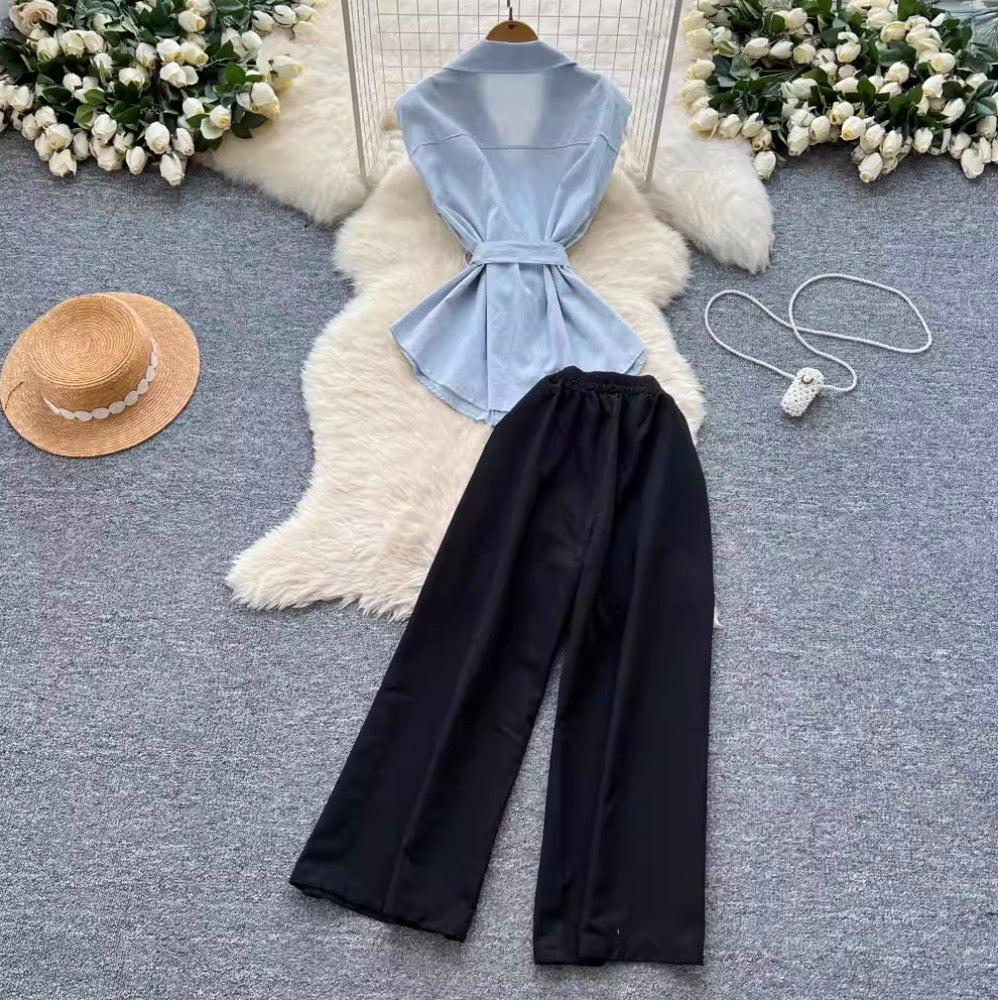 V-neck Suit Vest & Black Trousers 2Pcs