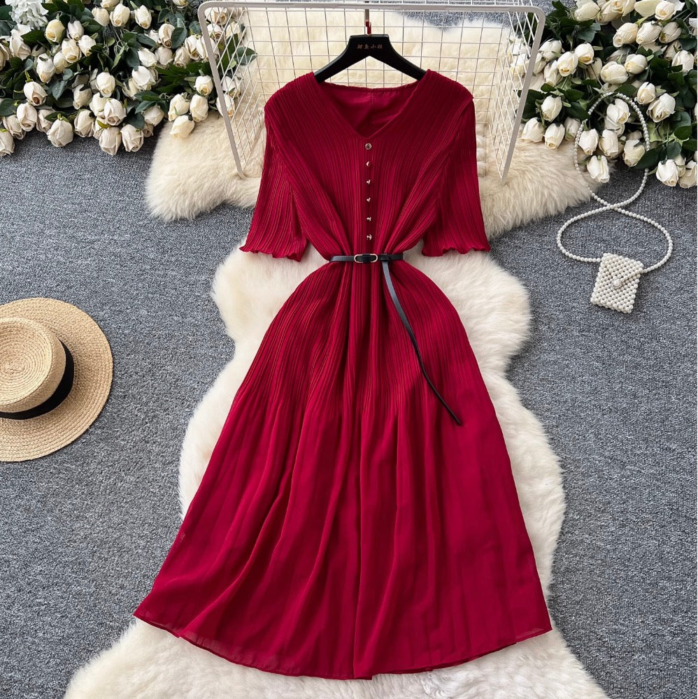 V-neck Pleated Dress with Belt