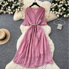 V-neck Pleated Dress with Belt