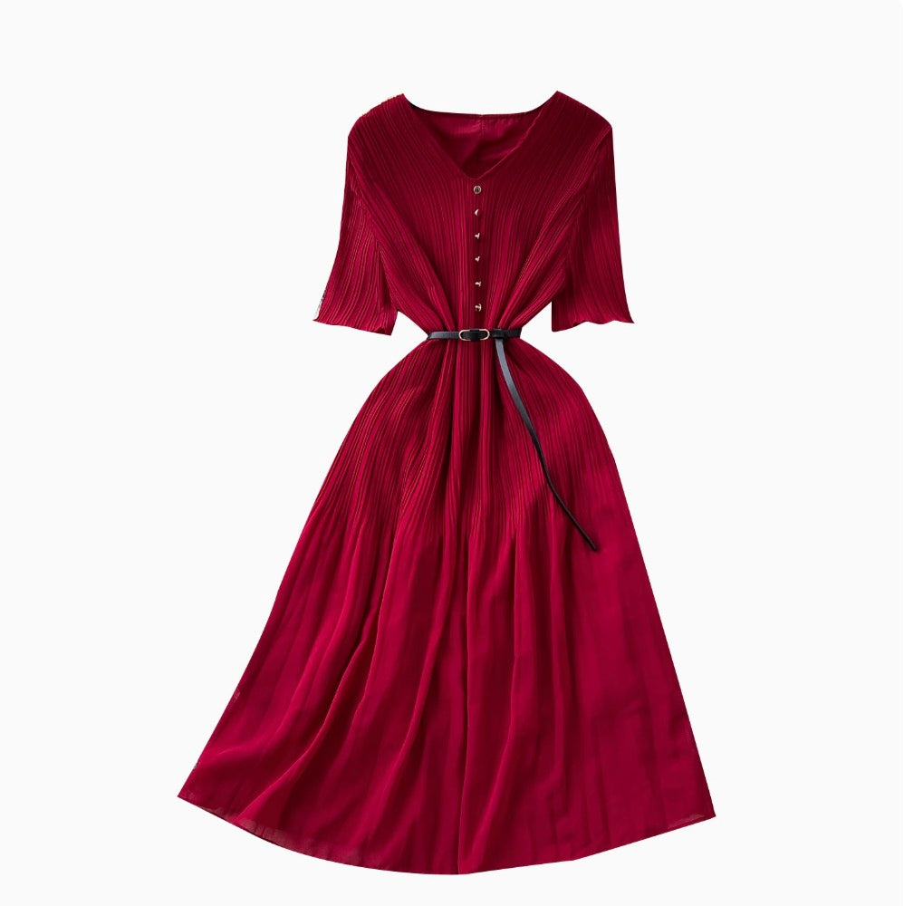 V-neck Pleated Dress with Belt