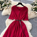 V-neck Pleated Dress with Belt