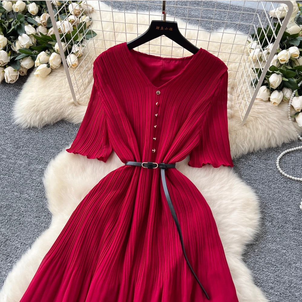 V-neck Pleated Dress with Belt