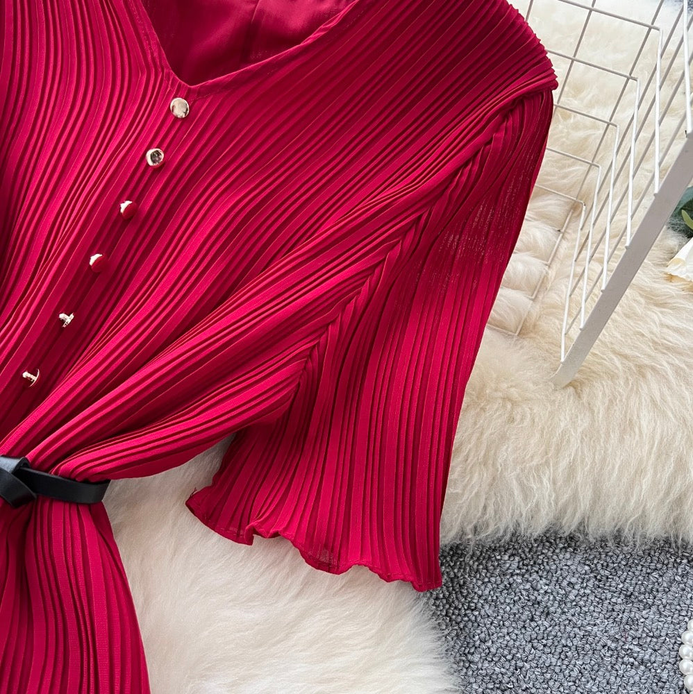 V-neck Pleated Dress with Belt