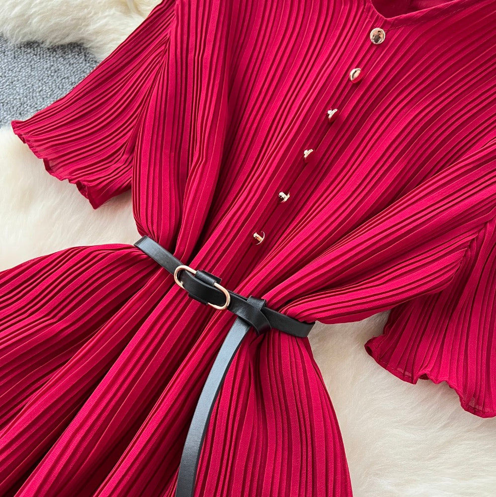 V-neck Pleated Dress with Belt