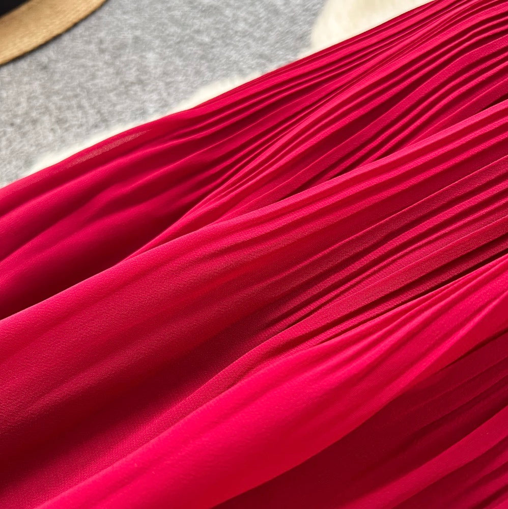V-neck Pleated Dress with Belt