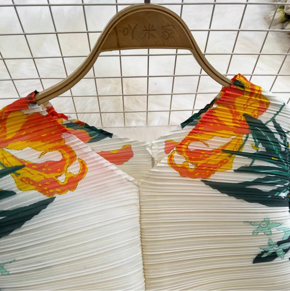 Bat Sleeve Pleated Printed Dress