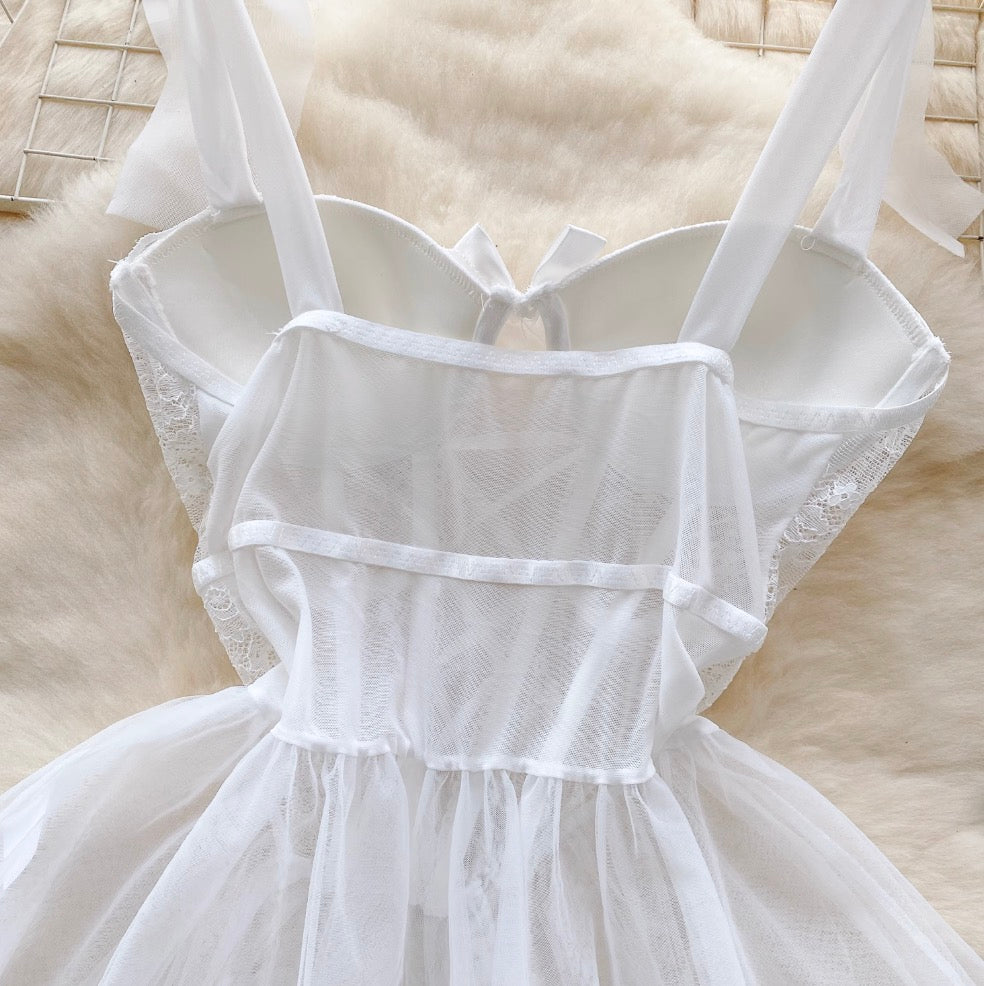 Lace Patchwork Puffy Mesh Slip Dress