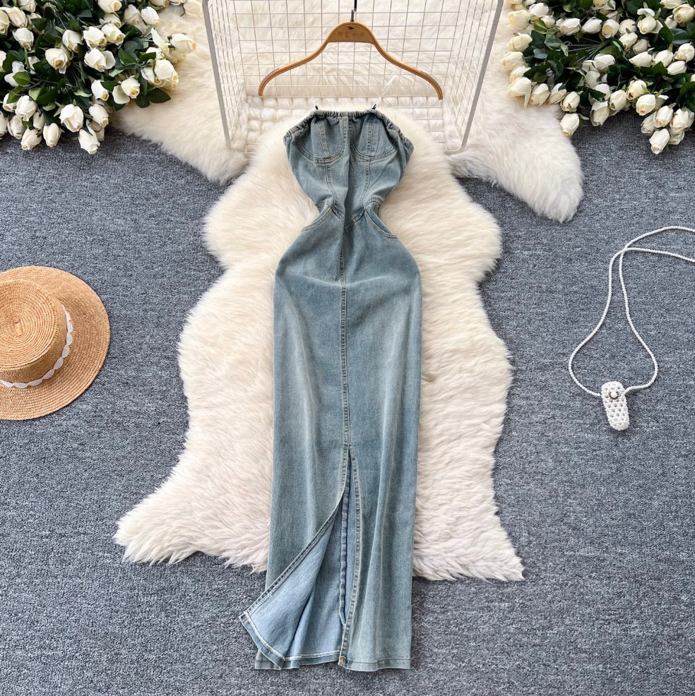 Chic Denim Split Bustier Dress