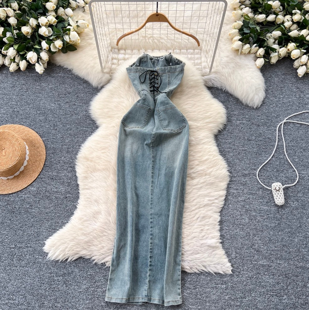 Chic Denim Split Bustier Dress