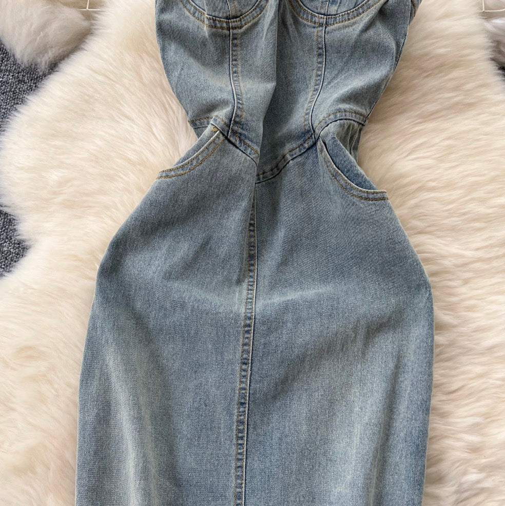 Chic Denim Split Bustier Dress