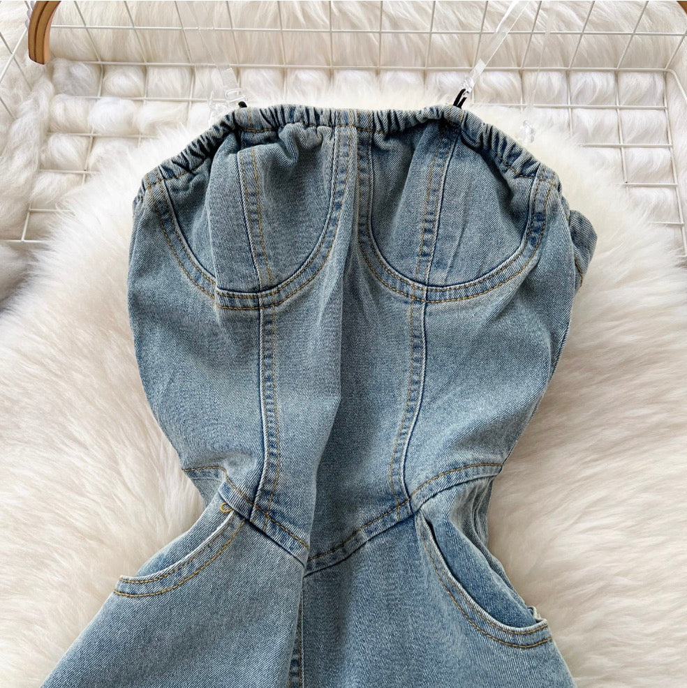 Chic Denim Split Bustier Dress