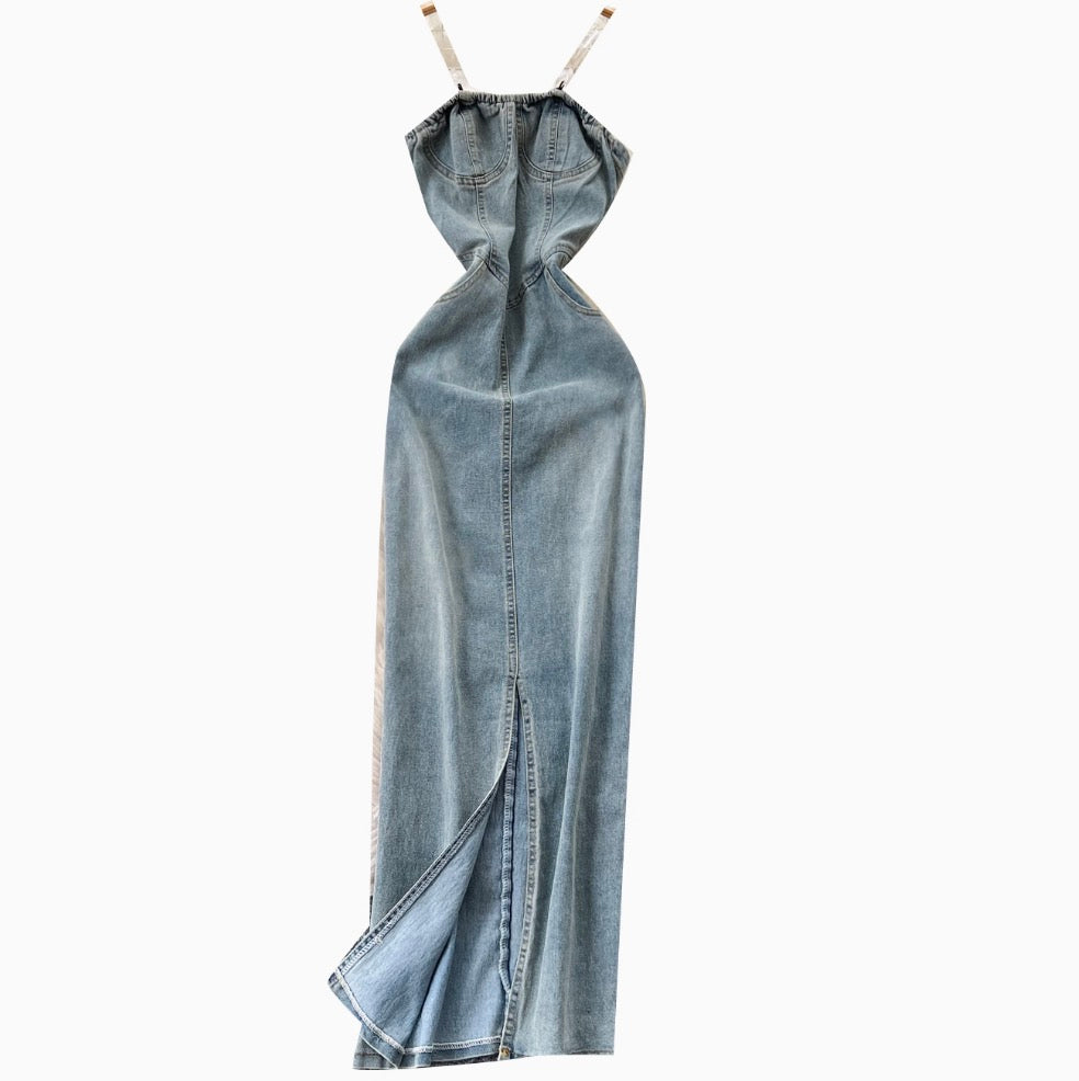 Chic Denim Split Bustier Dress