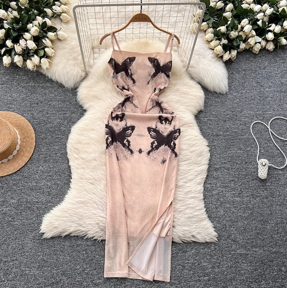 Butterfly Printed Mesh Slip Dress