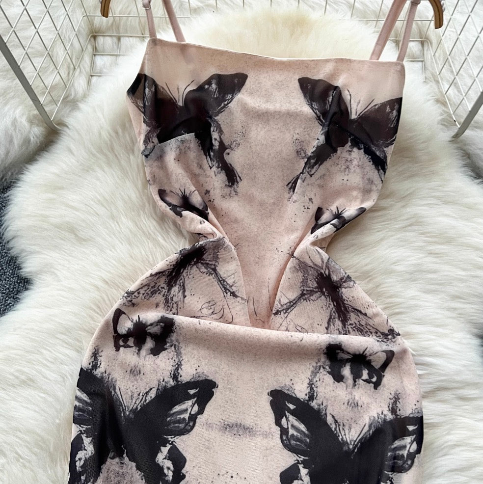 Butterfly Printed Mesh Slip Dress