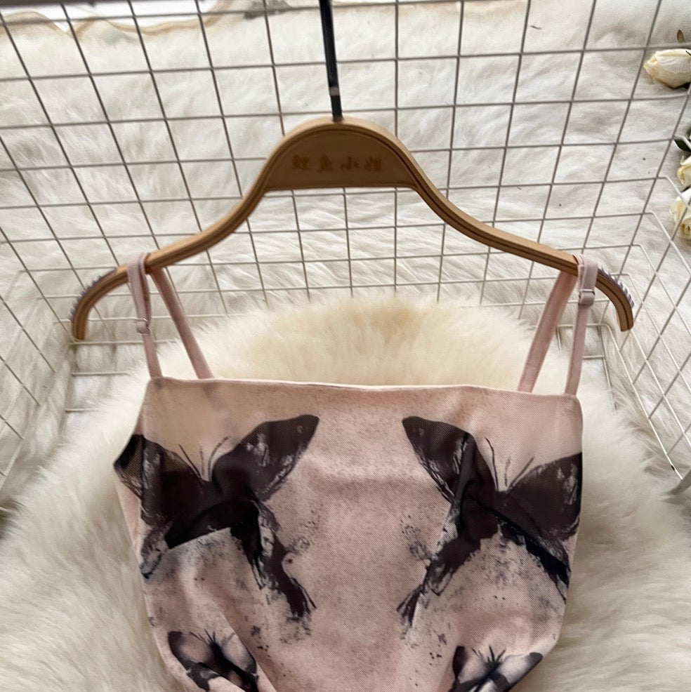 Butterfly Printed Mesh Slip Dress