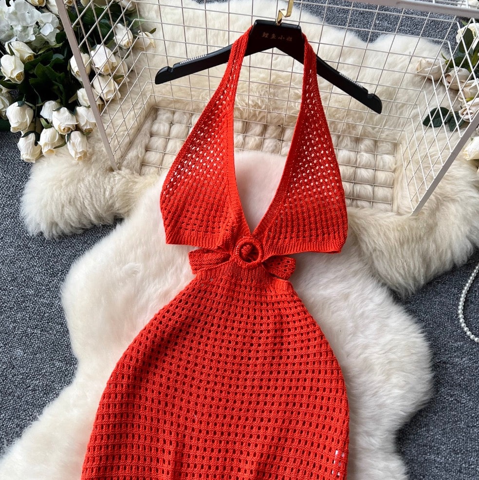 V-neck Hollowed Knit Halter Dress