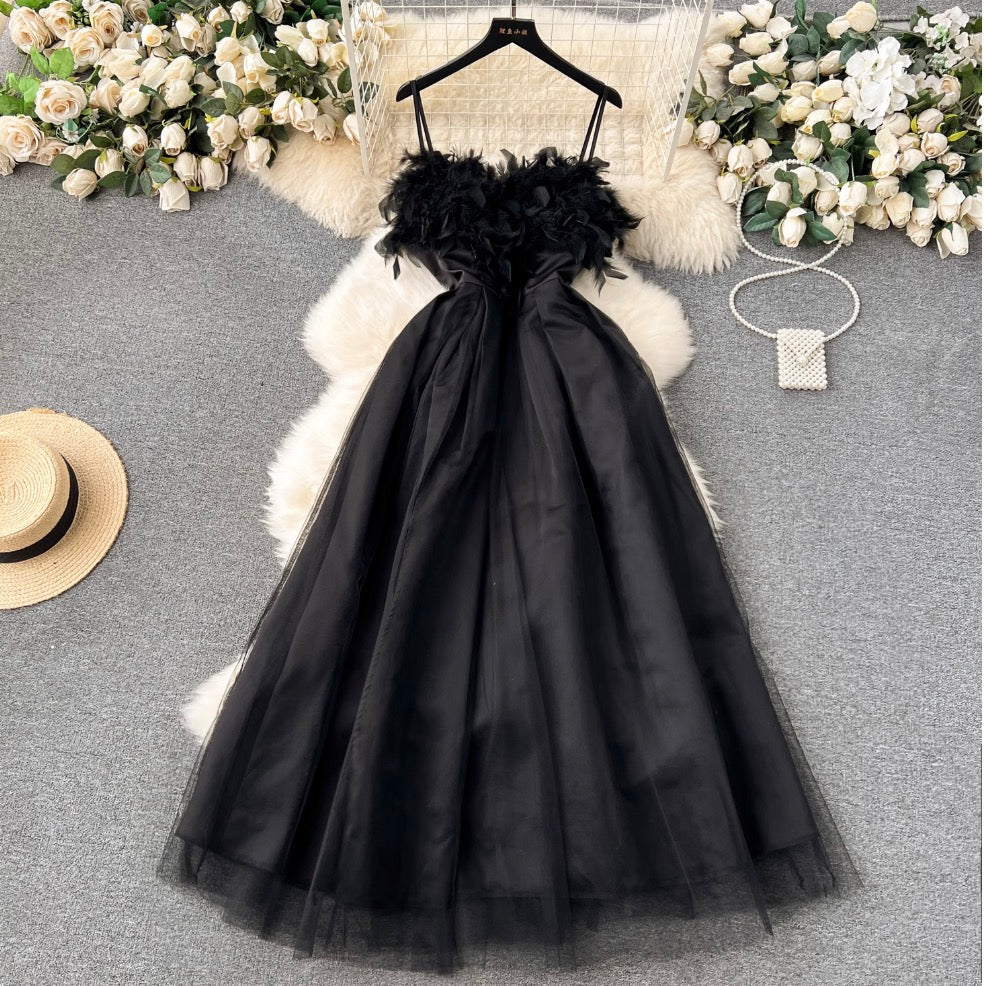 Vintage Furry Patchwork Black Slip Dress