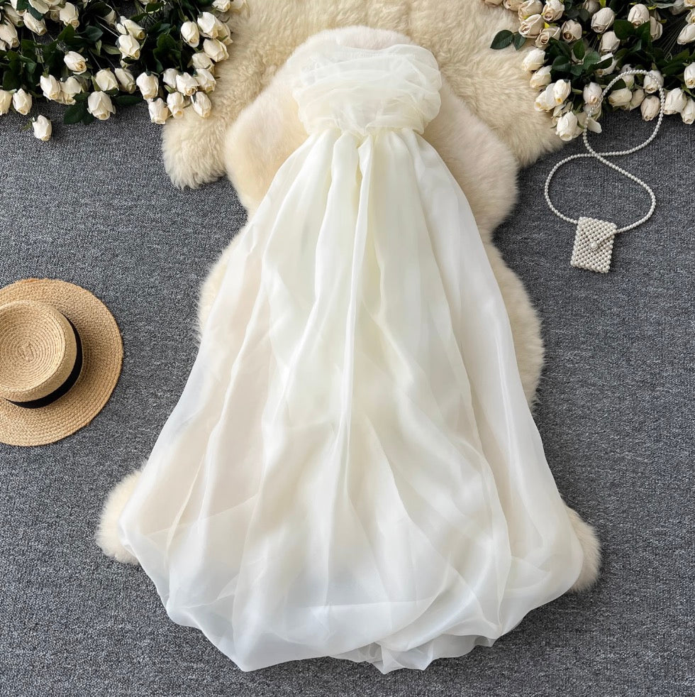 Apricot Pleated Bud Mesh Bustier Dress