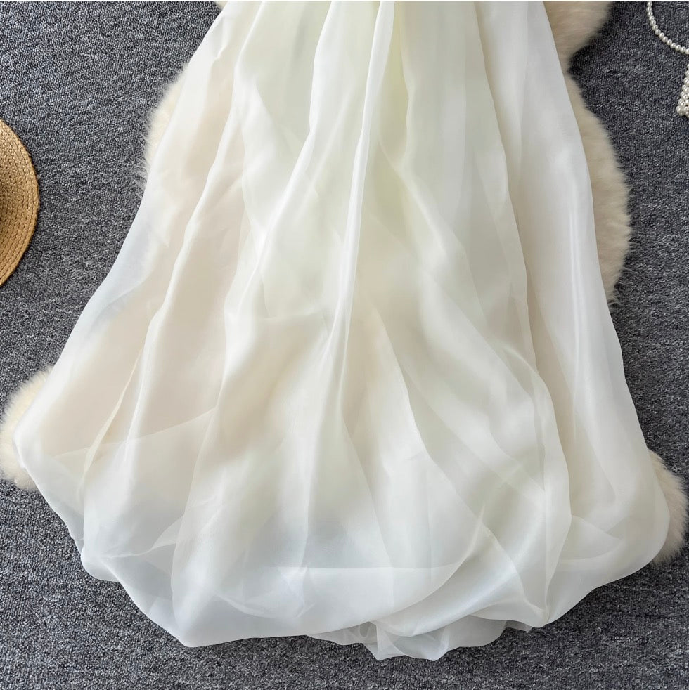 Apricot Pleated Bud Mesh Bustier Dress