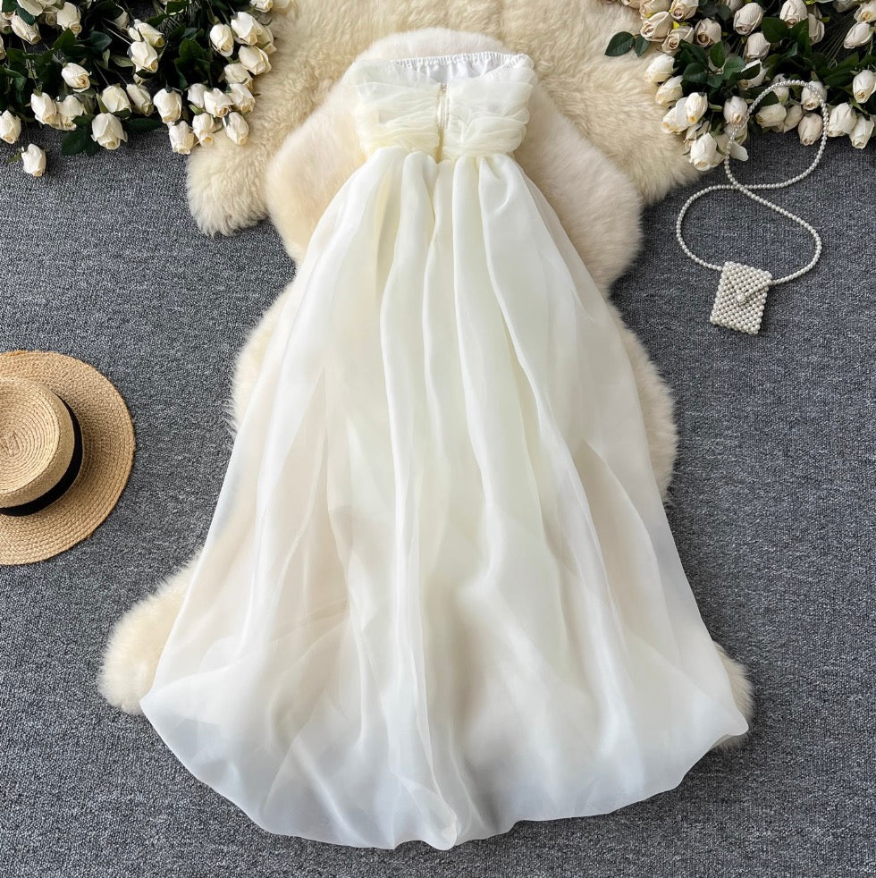 Apricot Pleated Bud Mesh Bustier Dress