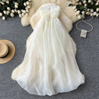 Apricot Pleated Bud Mesh Bustier Dress