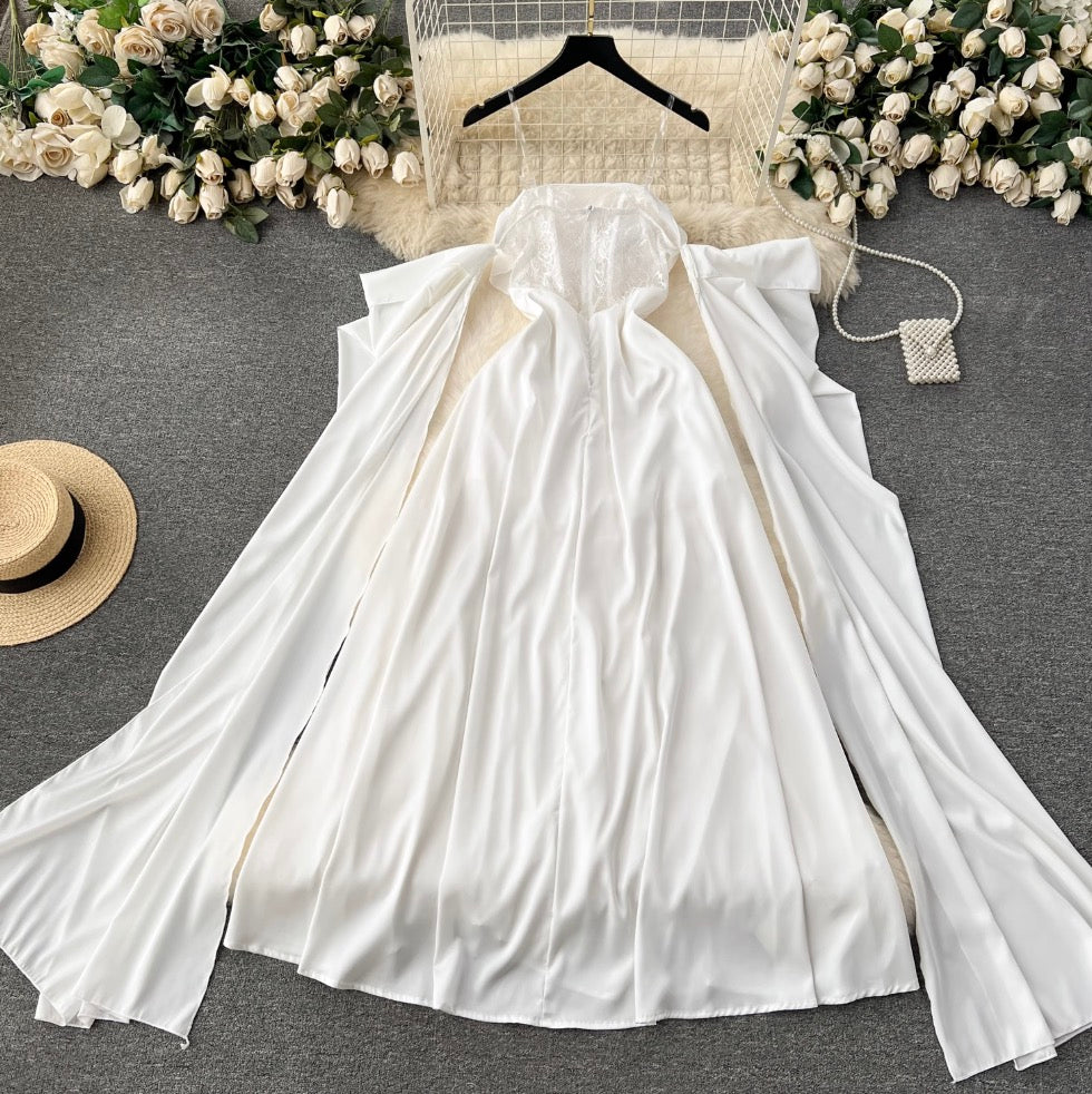 Bat Sleeve White Satin Slip Dress