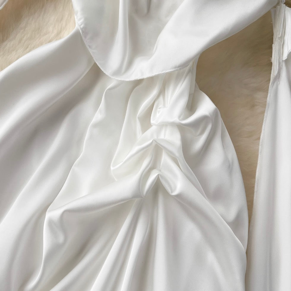 Bat Sleeve White Satin Slip Dress