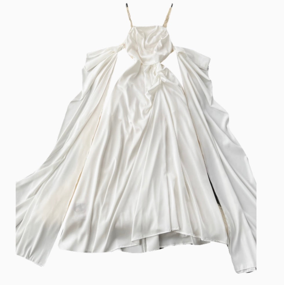 Bat Sleeve White Satin Slip Dress