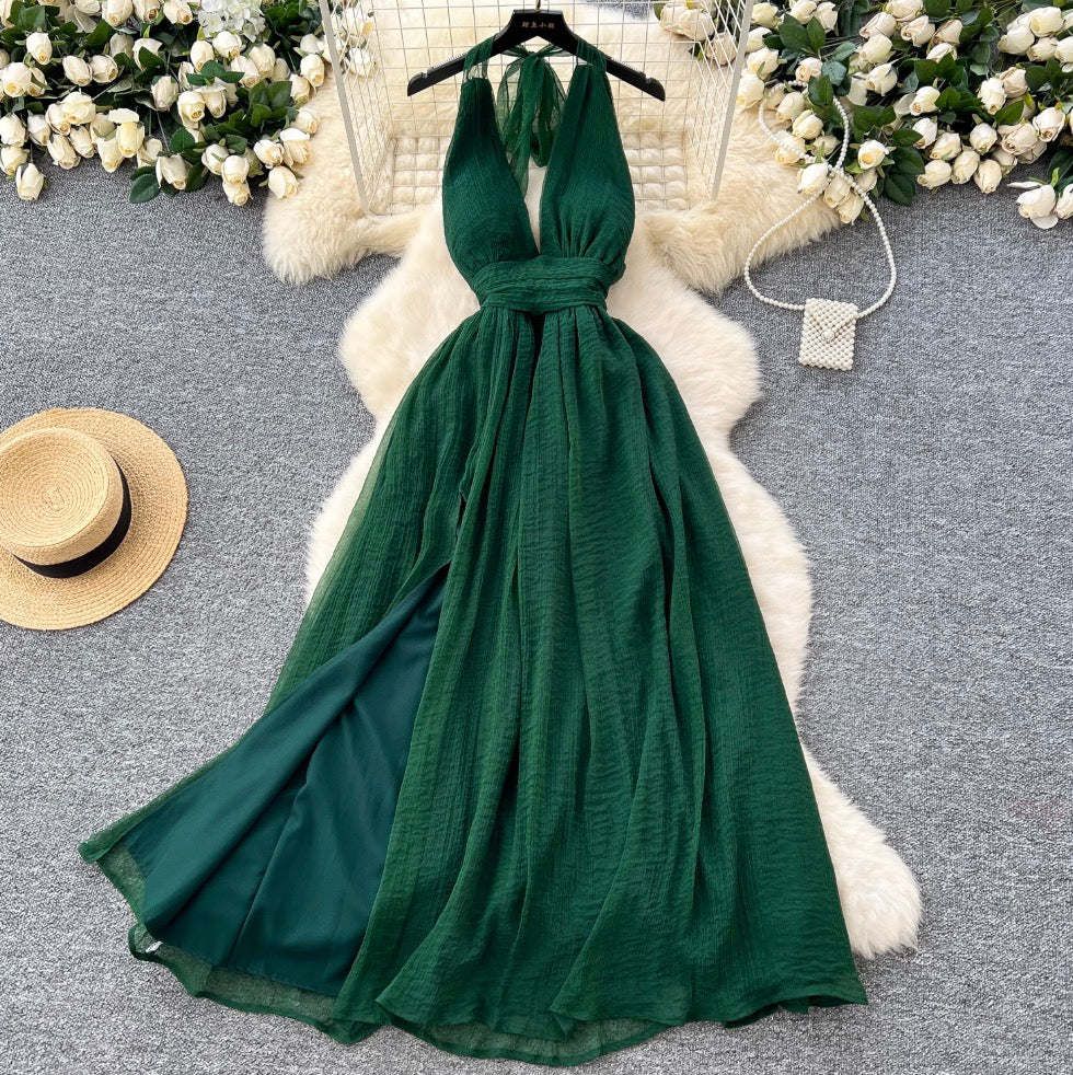 Deep V-neck Backless Halter Dress